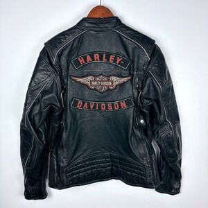 Harley Davidson Leather Motorcycle Jacket Mens L Black Genuine Buffalo Hide